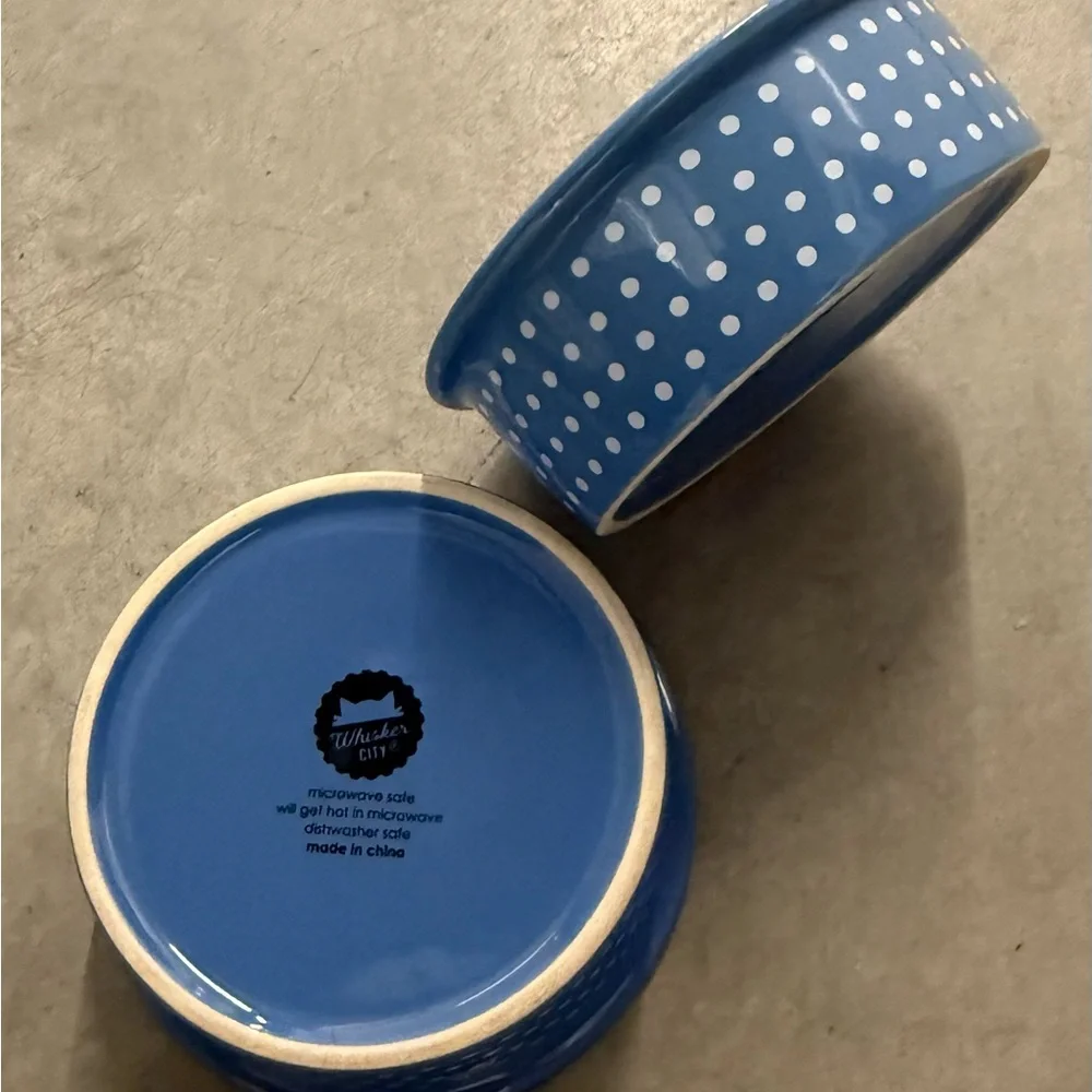 Set Of 2 Whisker City Blue & White Polka Dot Cat / Dog Water / Food Bowls